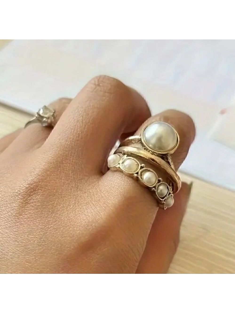 Pearl Solitaire Five Stone Adjustable Silver Plated or Gold Plated Ring